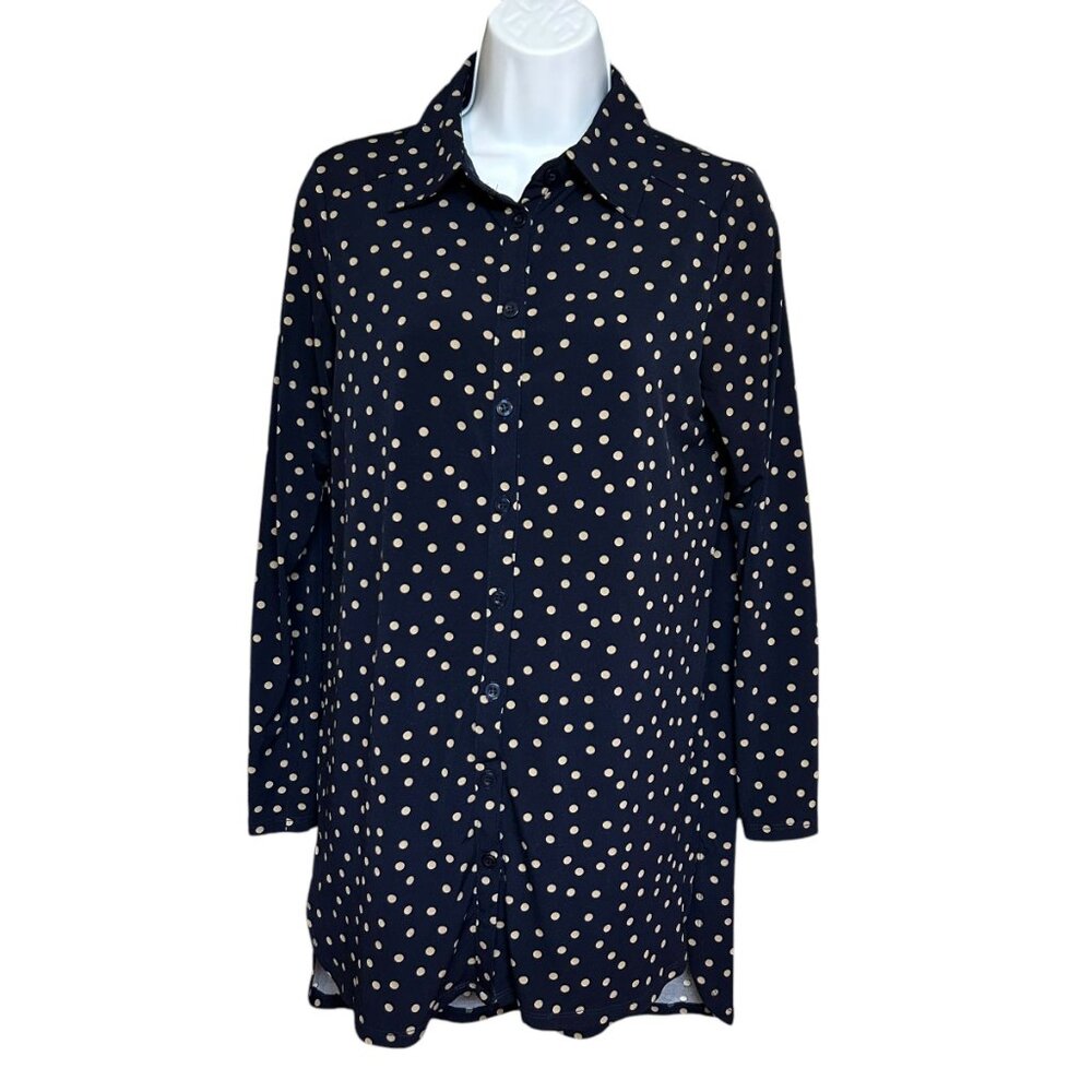 Nina Leonard Stretchy Button Front Blue Tan Polka Dot Long Line Top Size S